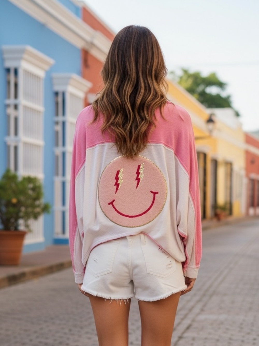 BLUE VELVET PINK TONED Oversized Top with Smiley Face Patch added to back